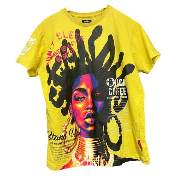 Hustle Gang Shirt Men's Large Black Coffee Woman Streetwear Hip-Hop Yellow Short - Picture 1 of 7
